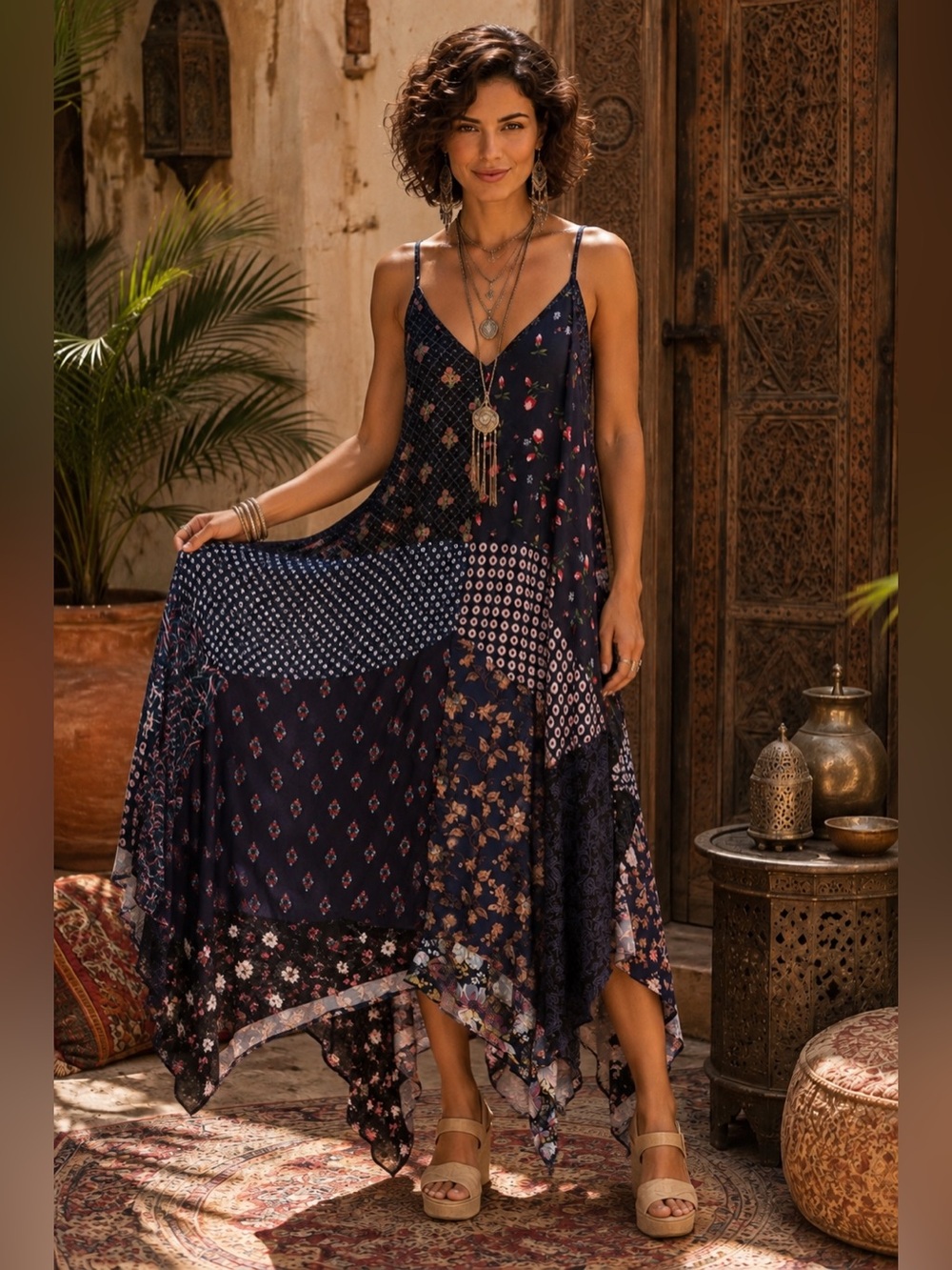 ⛱️ H079 NWT Jaded Gypsy S/M ptp17 L/XL ptp 23 Navy Patchwork Handkerchief Dress
